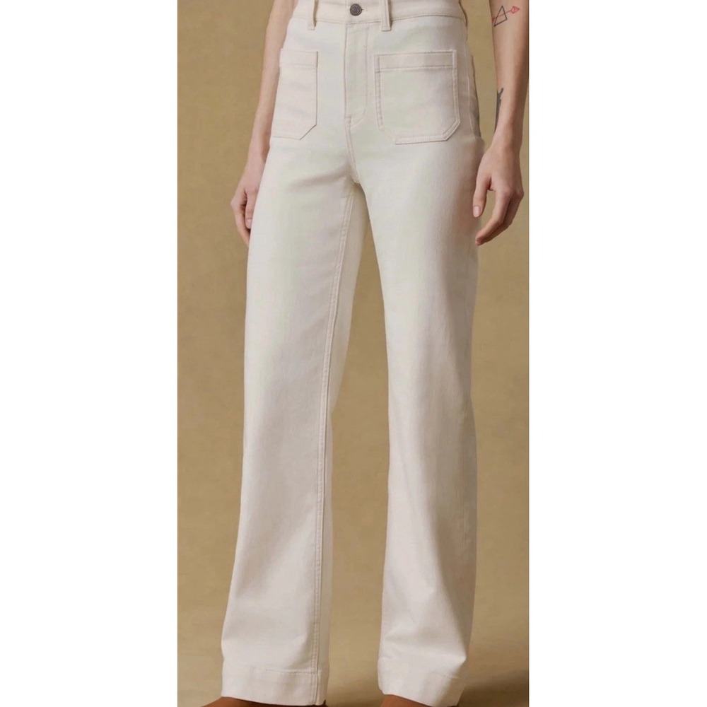 Faherty Stretch Terry Pants Women's Size 28 Patch Pocket Slim Wide Leg Egret
